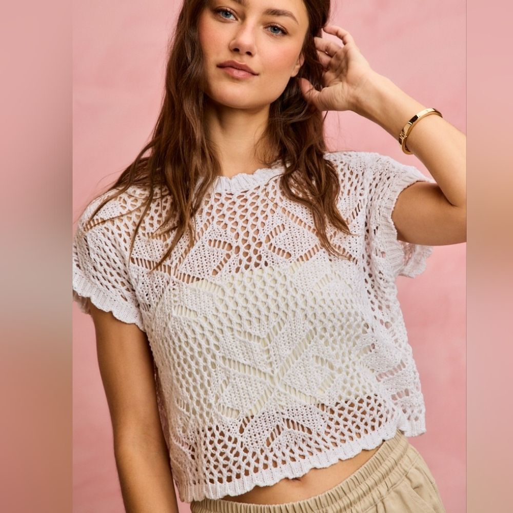 SO ME Crochet Scallop Edge Short Sleeves Open Knit White Top Sz M L XL - Picture 2 of 11